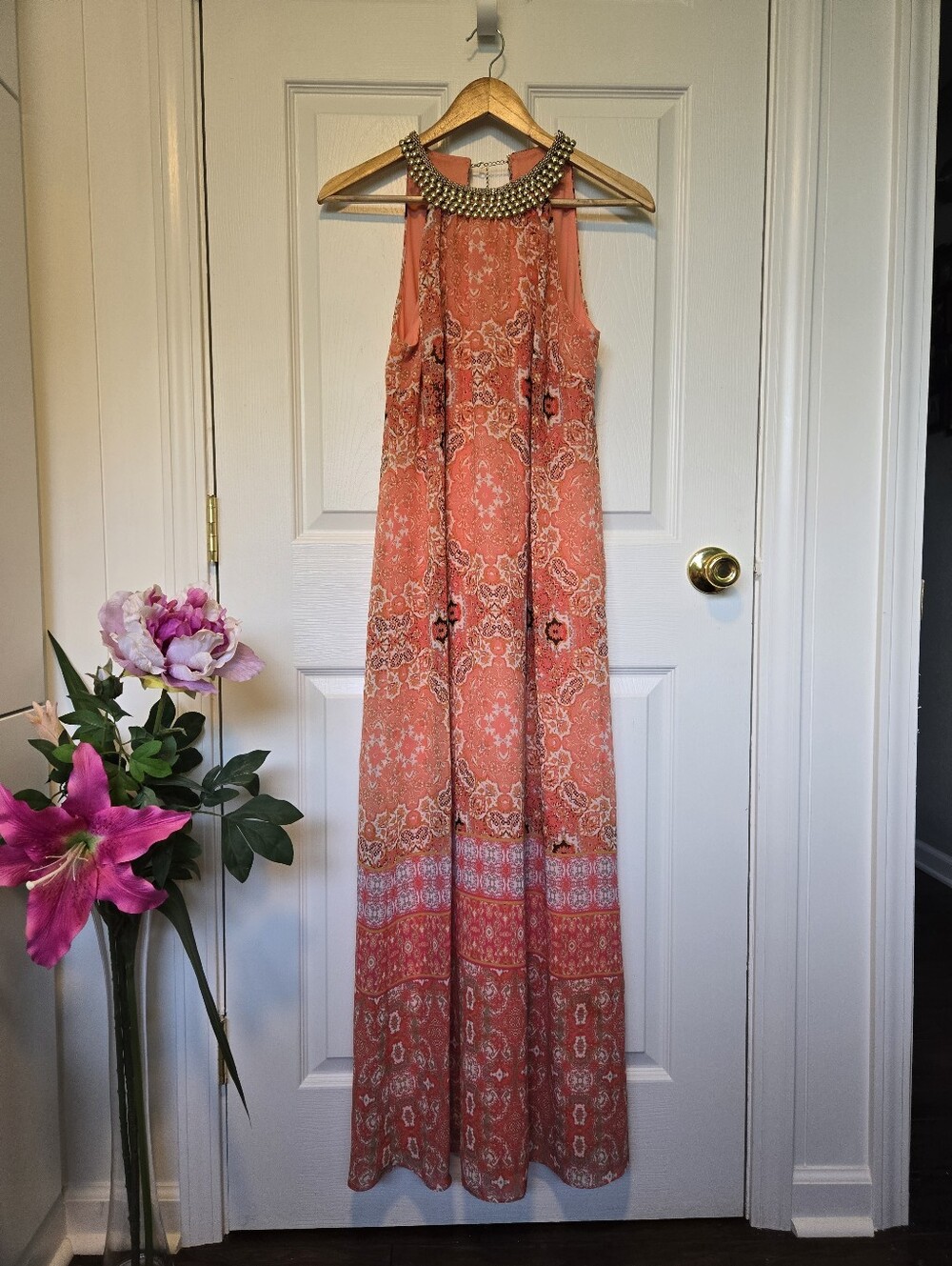 Beaded Halter Coral Maxi Dress Sz 8